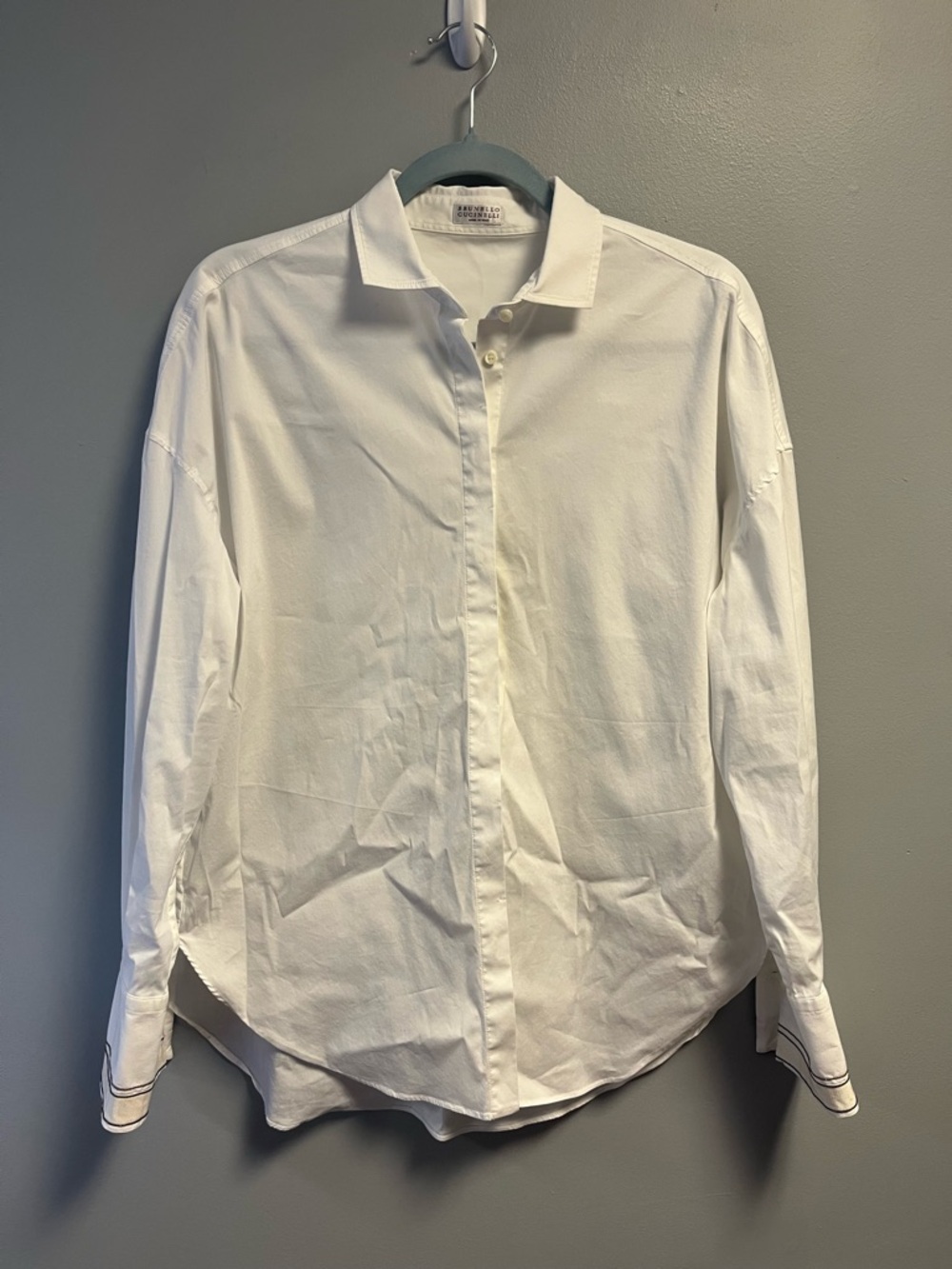 Brunello Cucinelli Shirt White Button Down w/Bead & Ribbon Cuff Accents XXL EUC